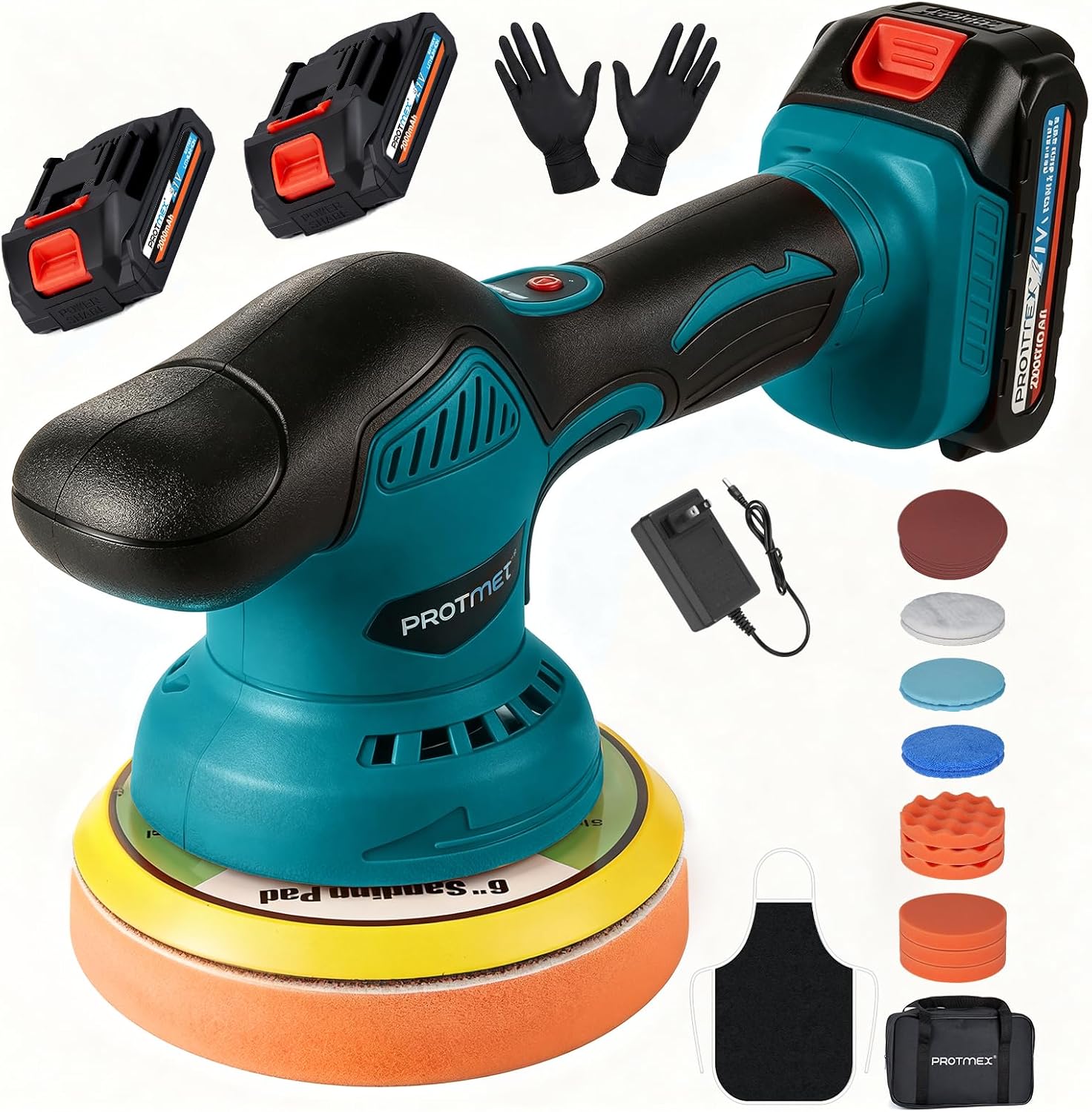 Cordless Car Buffer Polisher w/ 2x2000mAh 21V Batteries, 6 Inch Car Buffer Waxer Kit, Car Polishing Machine w/Extra 18 PCS Attachments & 6 Variable Speed