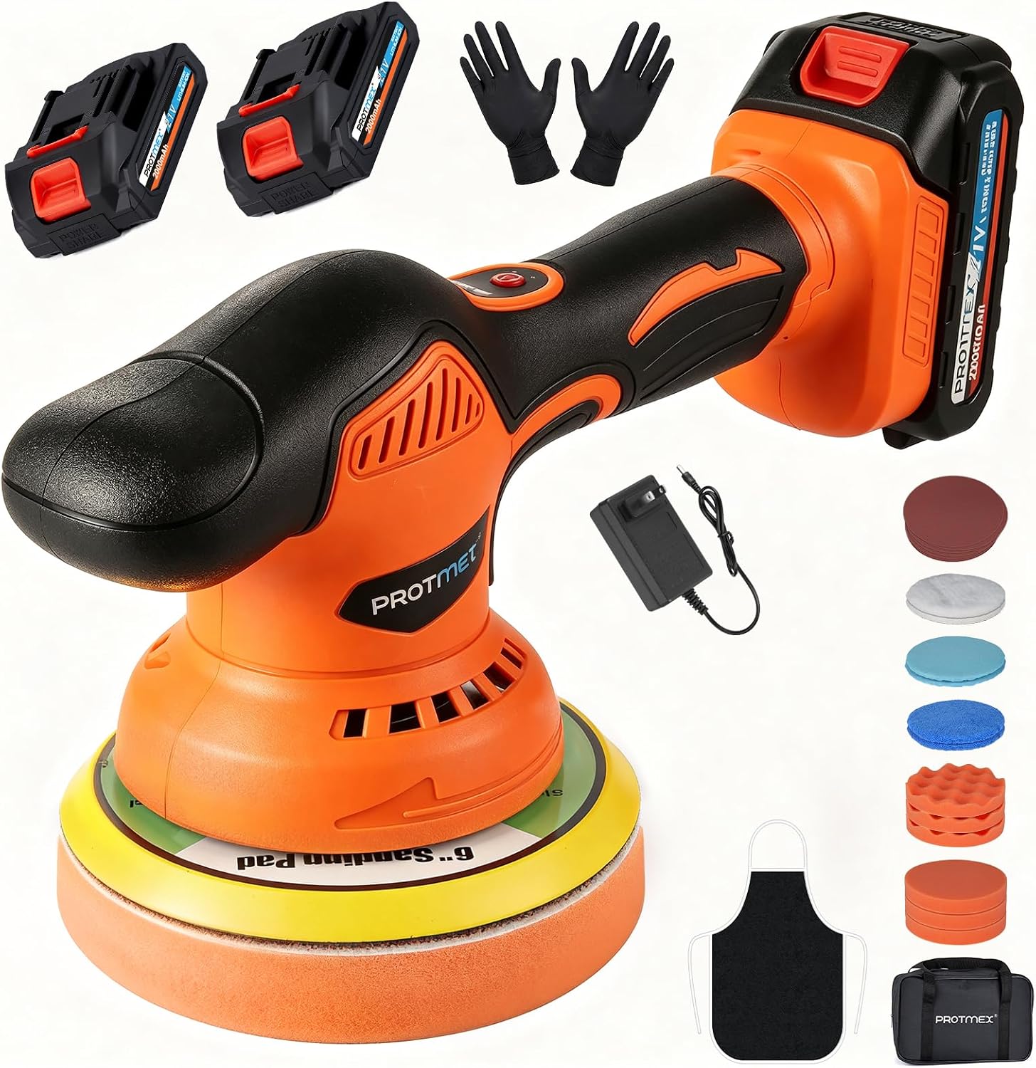 Cordless Car Buffer Polisher w/ 2x2000mAh 21V Batteries, 6 Inch Car Buffer Waxer Kit, Car Polishing Machine w/Extra 18 PCS Attachments & 6 Variable Speed