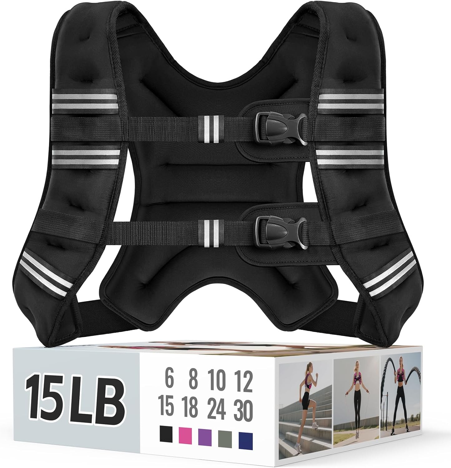 Zeerun Weighted Vest, 6lb/8lb/10lb/12lb/15lb/18lb/20lb/24lb/30lb for Men Women, Reflective Stripe Adjustable Buckle, Comfortable Durable Rucking Vest for Walking Running Strength Training