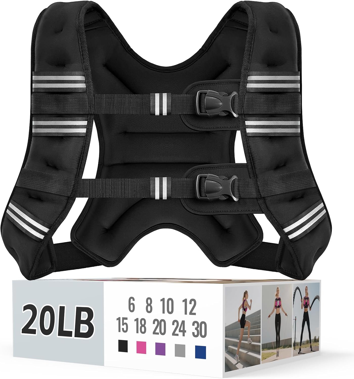 Zeerun Weighted Vest, 6lb/8lb/10lb/12lb/15lb/18lb/20lb/24lb/30lb for Men Women, Reflective Stripe Adjustable Buckle, Comfortable Durable Rucking Vest for Walking Running Strength Training