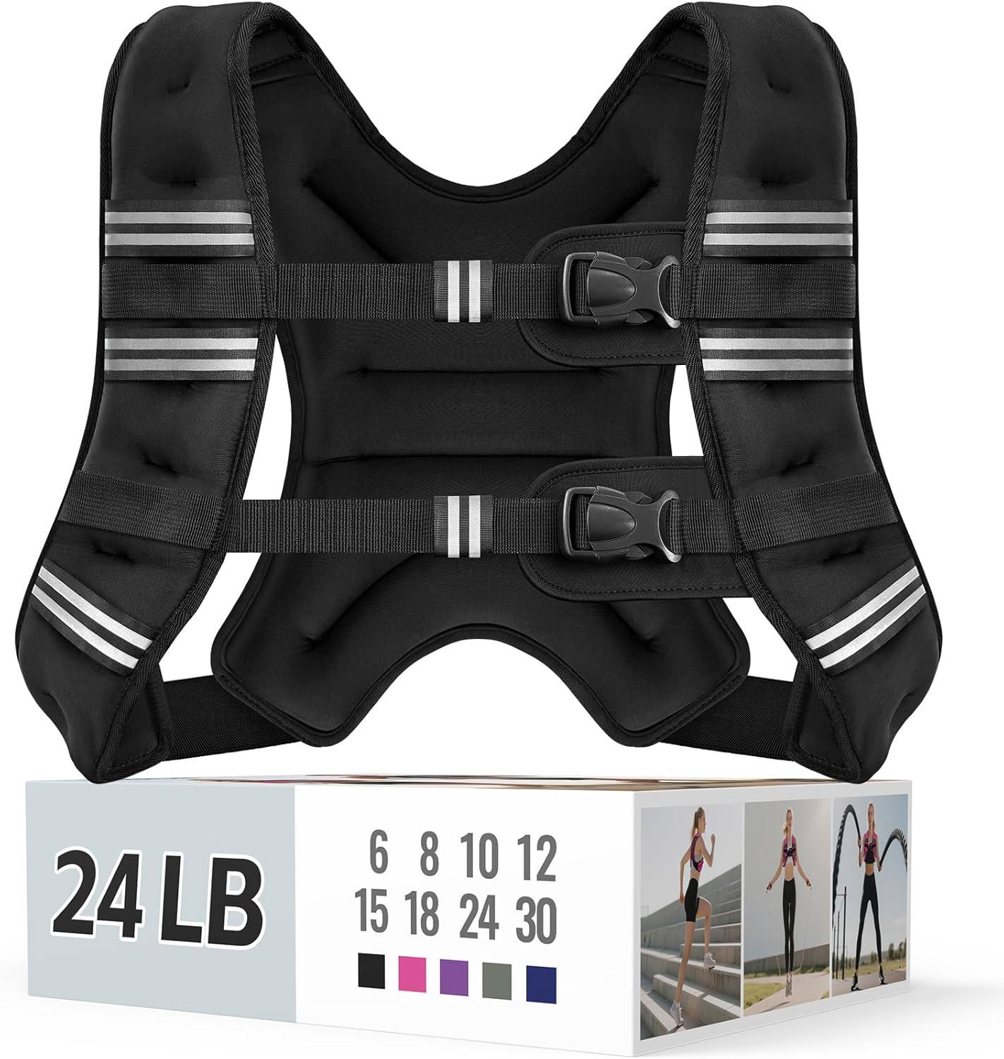 Zeerun Weighted Vest, 6lb/8lb/10lb/12lb/15lb/18lb/20lb/24lb/30lb for Men Women, Reflective Stripe Adjustable Buckle, Comfortable Durable Rucking Vest for Walking Running Strength Training