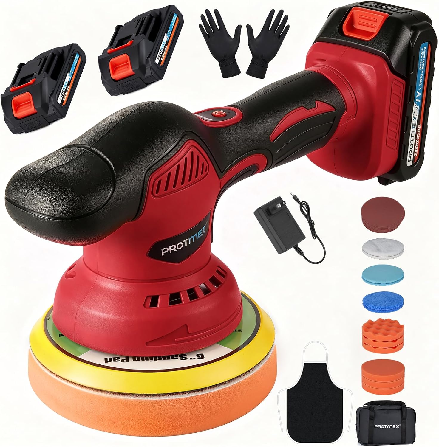 Cordless Car Buffer Polisher w/ 2x2000mAh 21V Batteries, 6 Inch Car Buffer Waxer Kit, Car Polishing Machine w/Extra 18 PCS Attachments & 6 Variable Speed