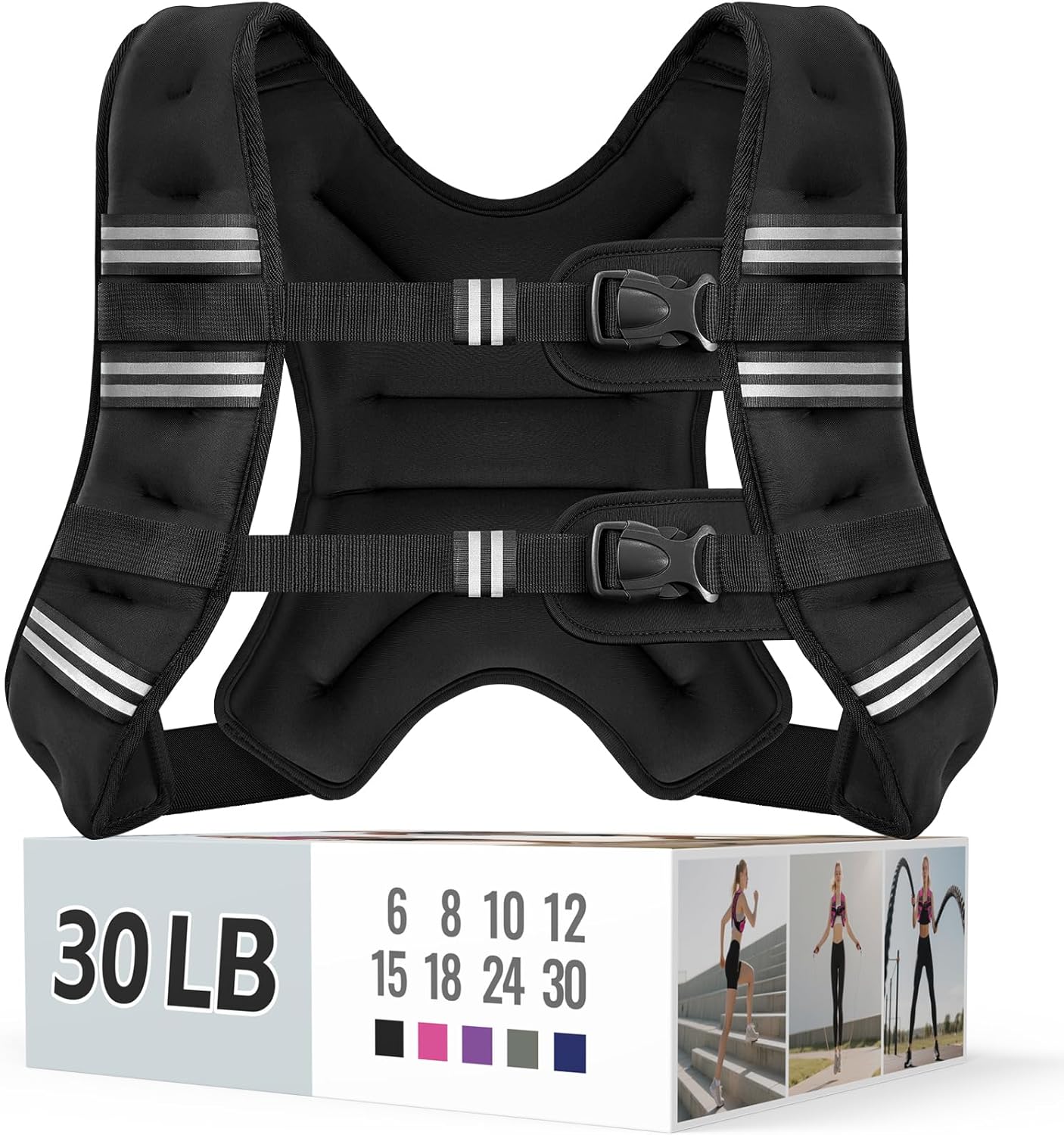 Zeerun Weighted Vest, 6lb/8lb/10lb/12lb/15lb/18lb/20lb/24lb/30lb for Men Women, Reflective Stripe Adjustable Buckle, Comfortable Durable Rucking Vest for Walking Running Strength Training