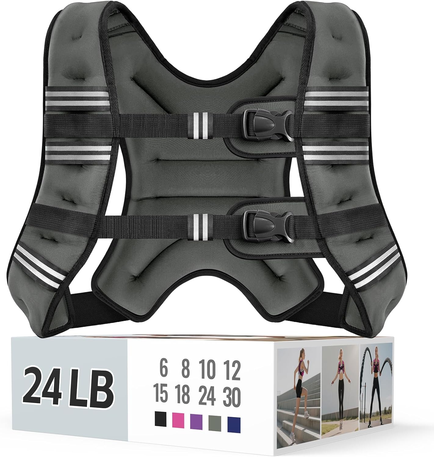 Zeerun Weighted Vest, 6lb/8lb/10lb/12lb/15lb/18lb/20lb/24lb/30lb for Men Women, Reflective Stripe Adjustable Buckle, Comfortable Durable Rucking Vest for Walking Running Strength Training