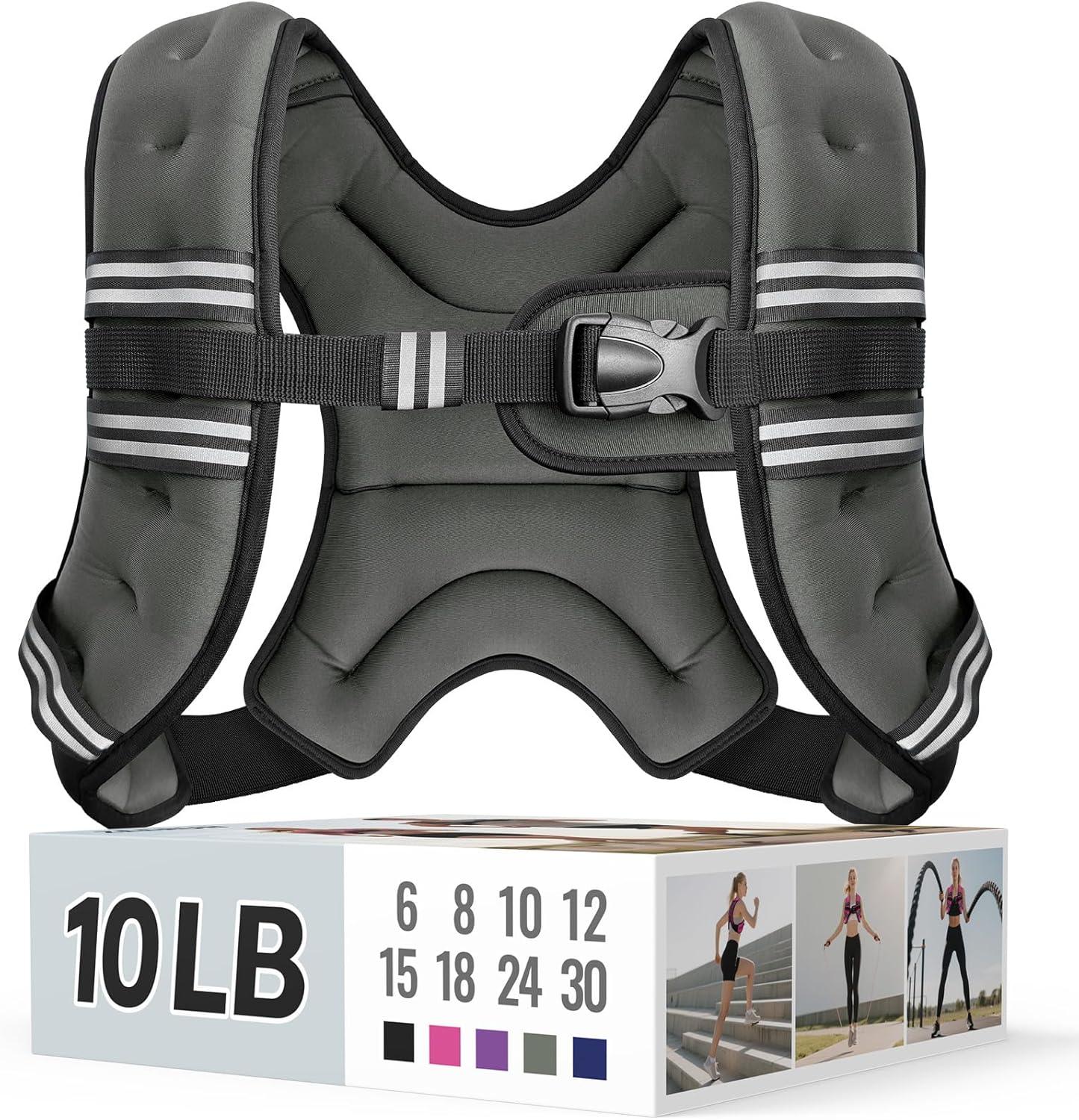 Zeerun Weighted Vest, 6lb/8lb/10lb/12lb/15lb/18lb/20lb/24lb/30lb for Men Women, Reflective Stripe Adjustable Buckle, Comfortable Durable Rucking Vest for Walking Running Strength Training