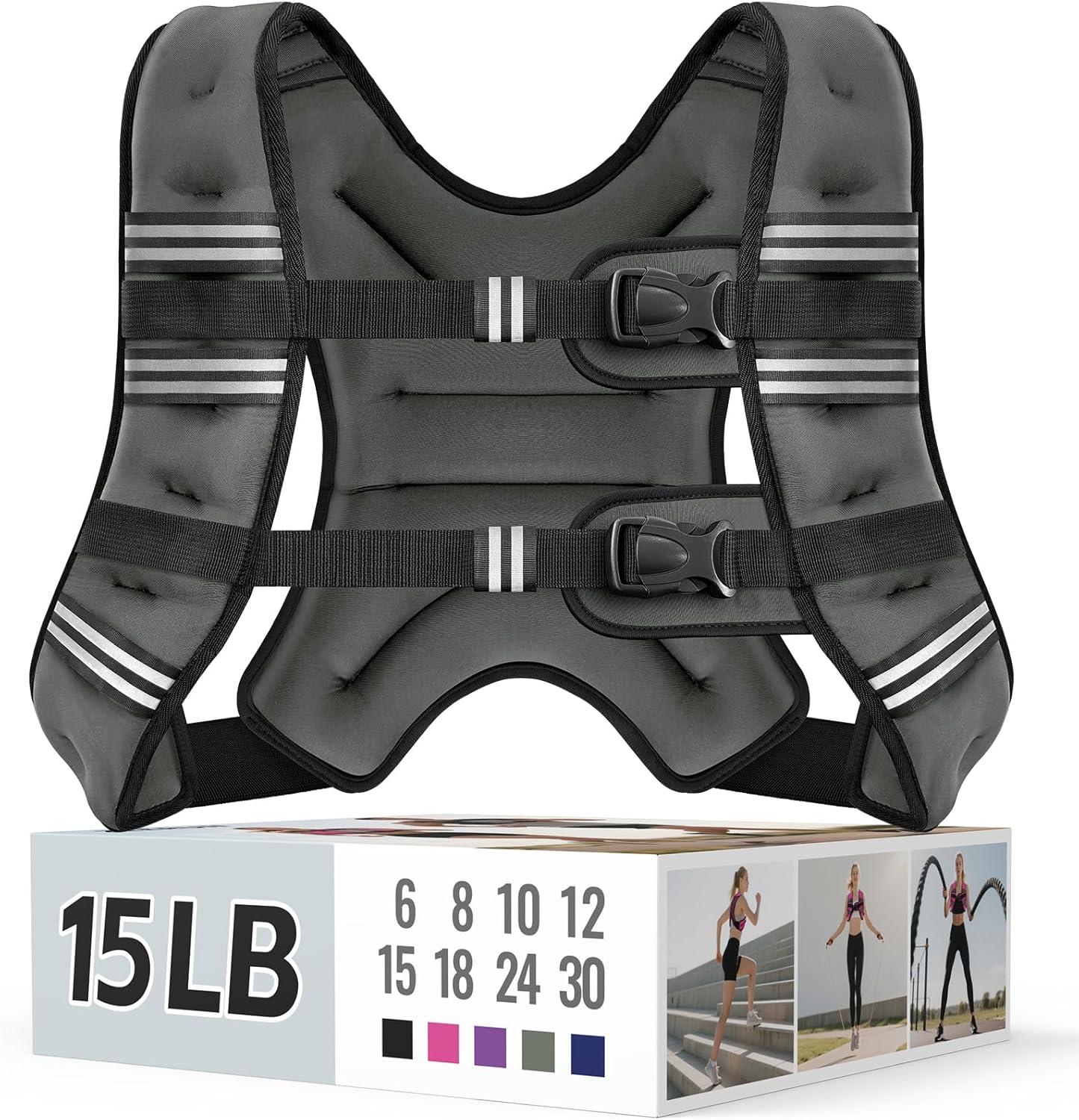 Zeerun Weighted Vest, 6lb/8lb/10lb/12lb/15lb/18lb/20lb/24lb/30lb for Men Women, Reflective Stripe Adjustable Buckle, Comfortable Durable Rucking Vest for Walking Running Strength Training