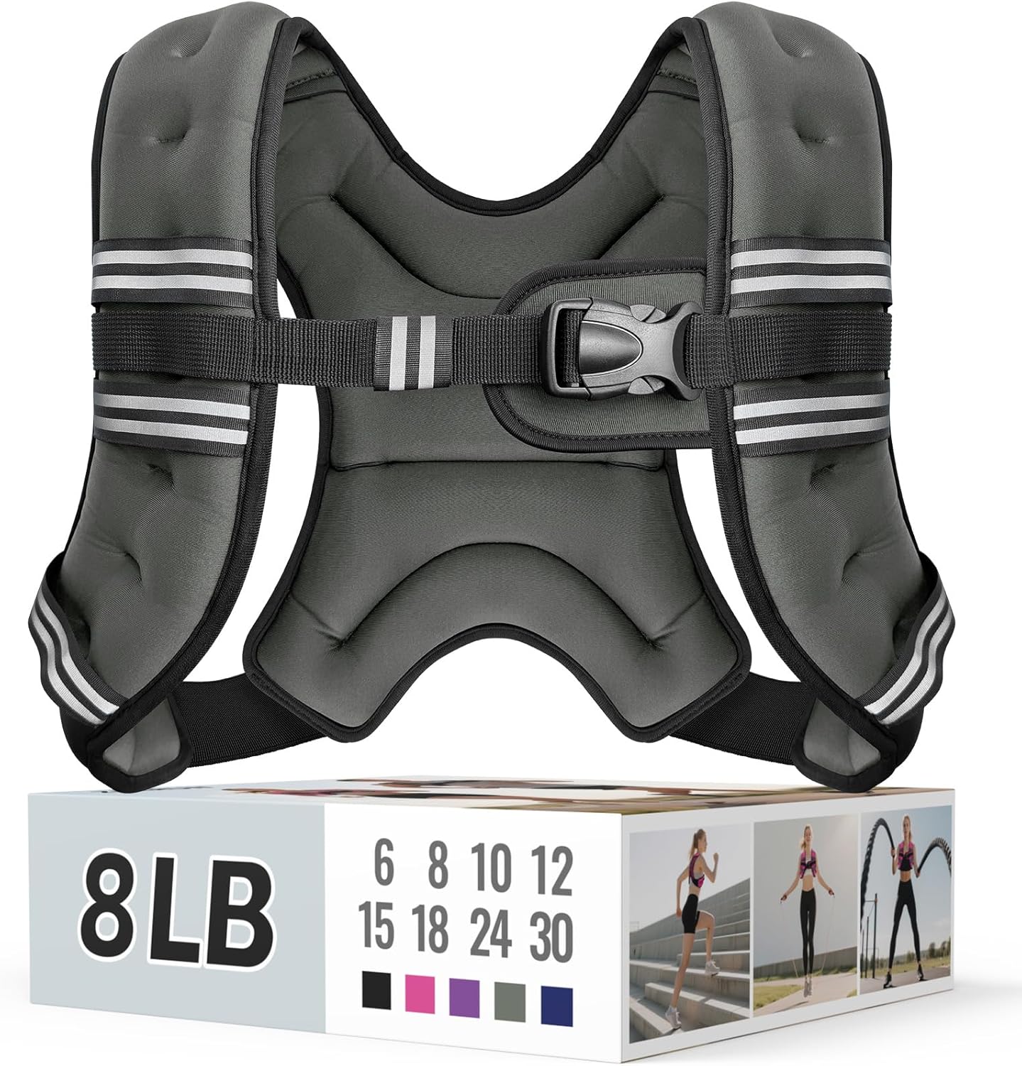Zeerun Weighted Vest, 6lb/8lb/10lb/12lb/15lb/18lb/20lb/24lb/30lb for Men Women, Reflective Stripe Adjustable Buckle, Comfortable Durable Rucking Vest for Walking Running Strength Training