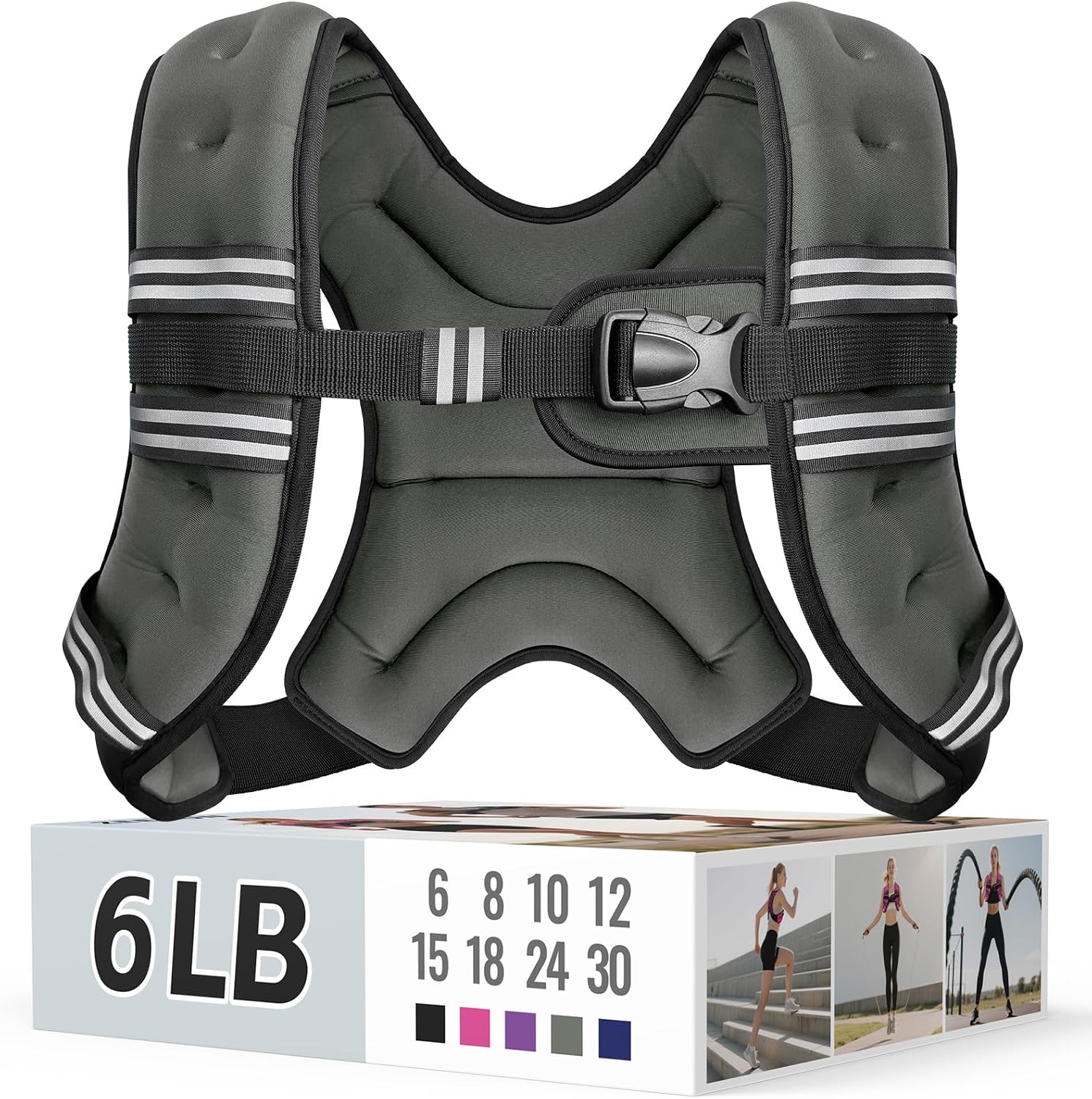 Zeerun Weighted Vest, 6lb/8lb/10lb/12lb/15lb/18lb/20lb/24lb/30lb for Men Women, Reflective Stripe Adjustable Buckle, Comfortable Durable Rucking Vest for Walking Running Strength Training