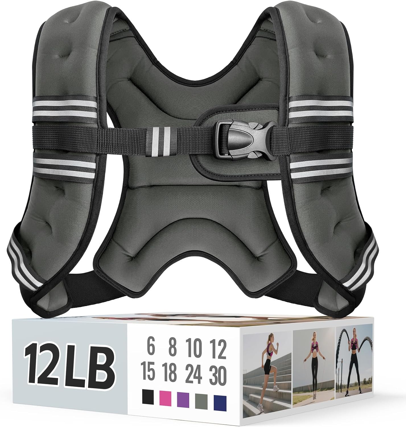 Zeerun Weighted Vest, 6lb/8lb/10lb/12lb/15lb/18lb/20lb/24lb/30lb for Men Women, Reflective Stripe Adjustable Buckle, Comfortable Durable Rucking Vest for Walking Running Strength Training
