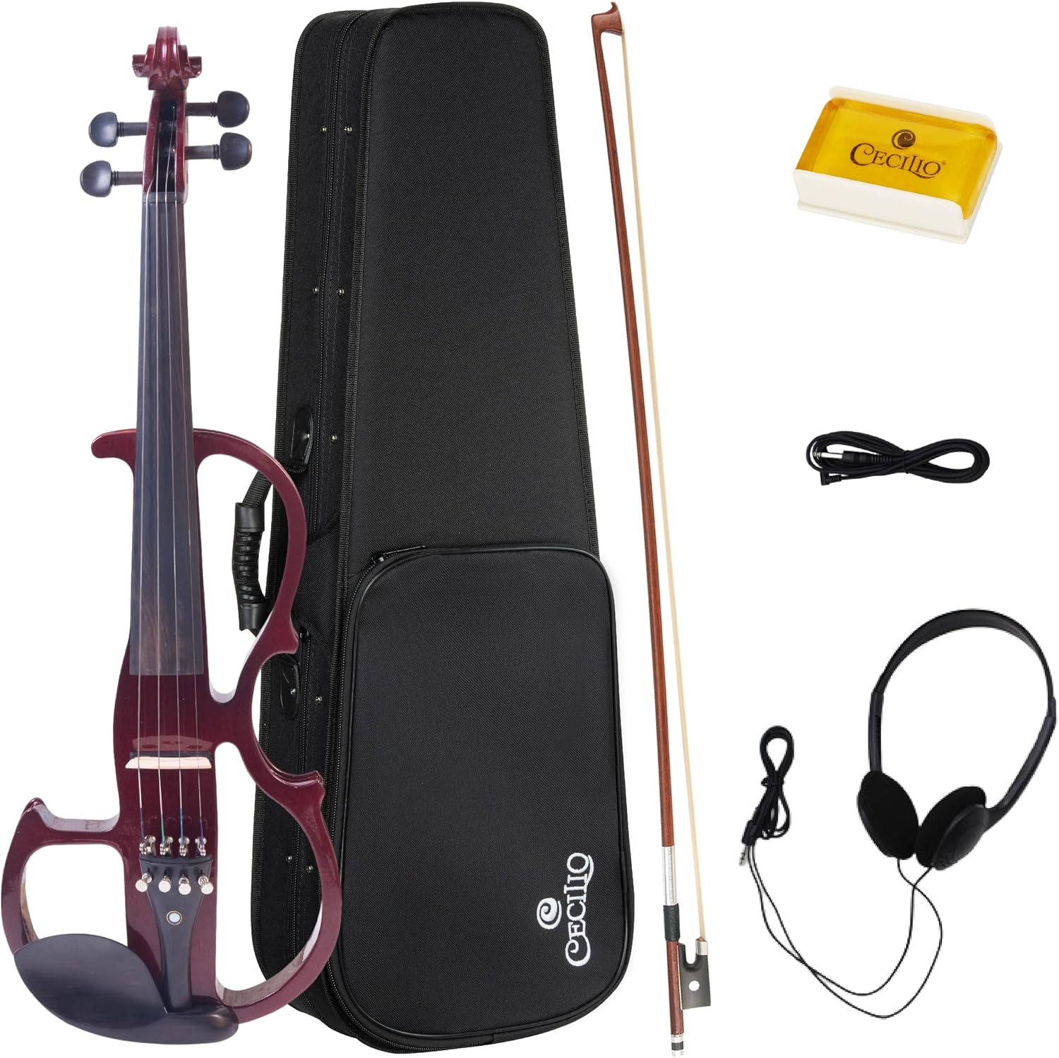 Cecilio Solid Wood Electric/Silent Violin with Ebony Fittings - 4/4 Full Size - Metallic Red Mahogany