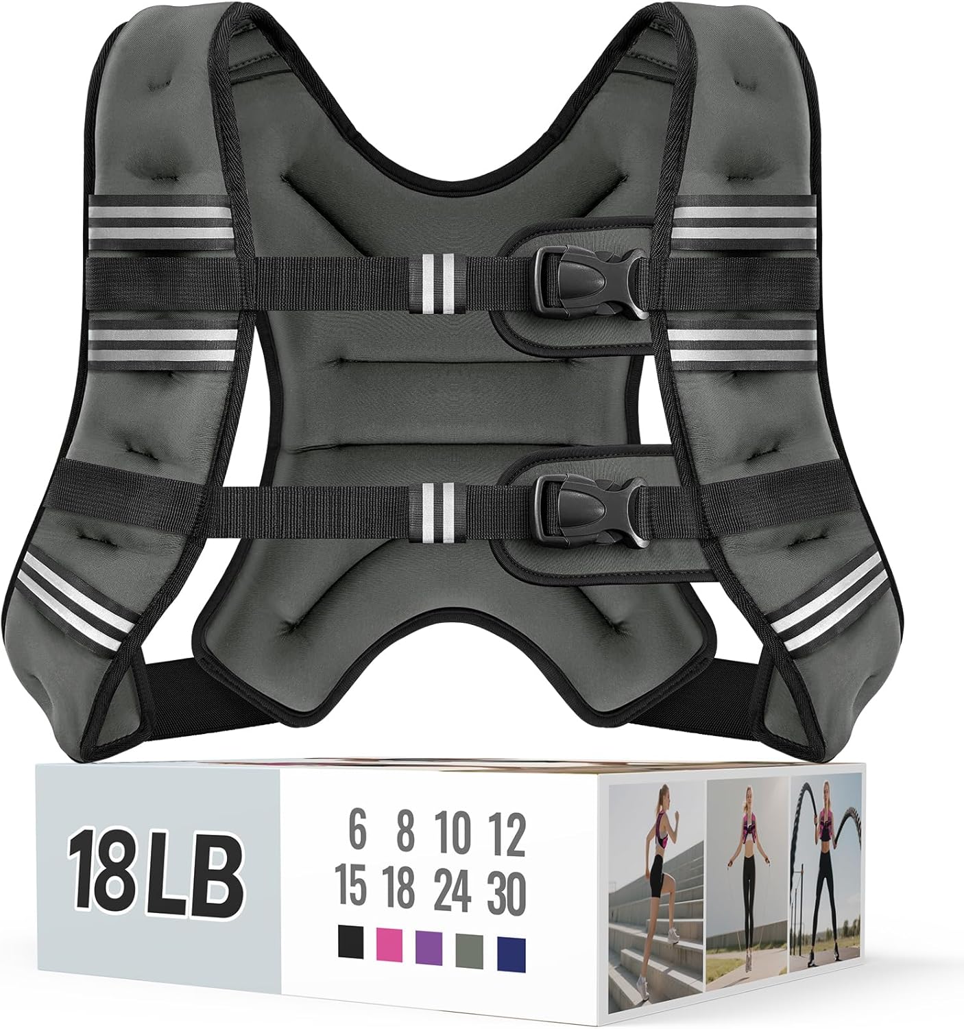Zeerun Weighted Vest, 6lb/8lb/10lb/12lb/15lb/18lb/20lb/24lb/30lb for Men Women, Reflective Stripe Adjustable Buckle, Comfortable Durable Rucking Vest for Walking Running Strength Training